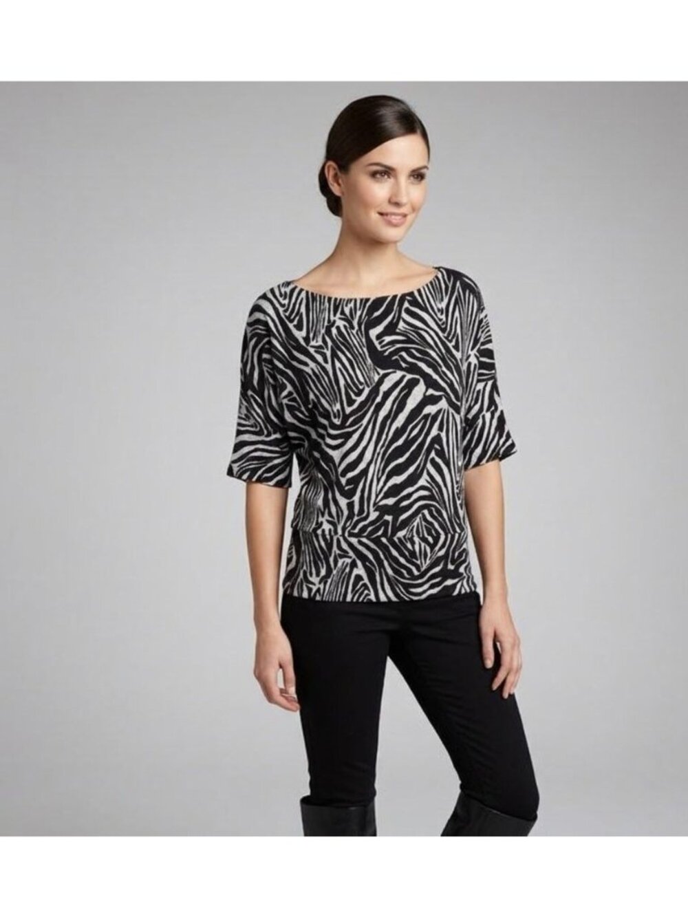 Zebra Print Black & Gray Top By Dna Couture Size Small Lightweight Fabric 3/4 Sl